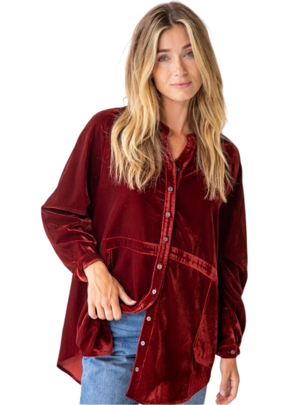 Natural Life Oversized Velvet Button Down Tunic Shirt Rust Red Relaxed Boho XS
